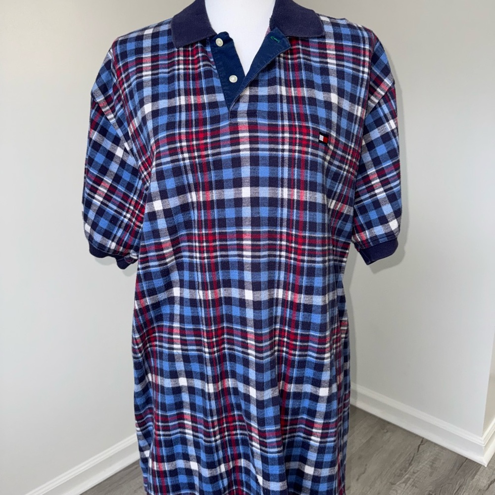 Tommy Hilfiger‎ Men’s M Navy Red Plaid Polo Shirt Short Sleeve Flag Logo Thick